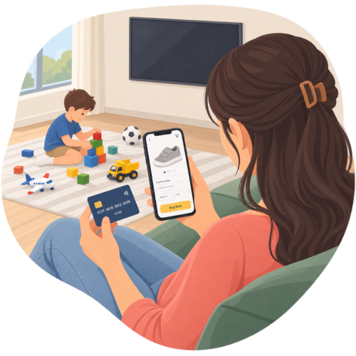 A woman buying children's shoes on her phone using a card