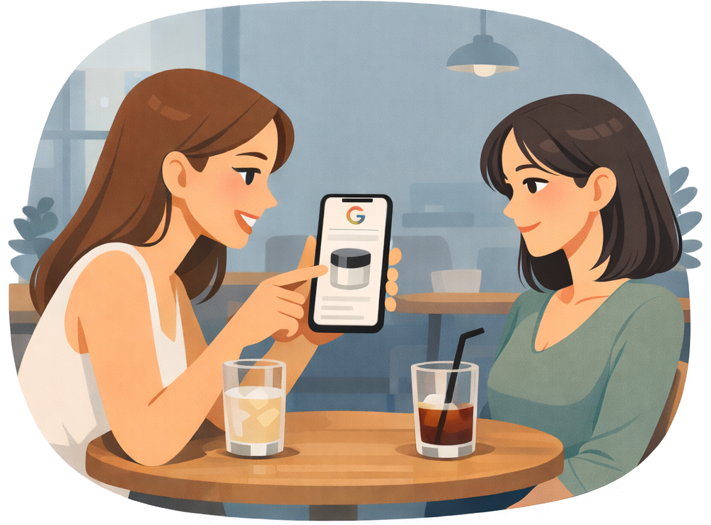 A girl shows her friend on her phone the cosmetic product she found on Google