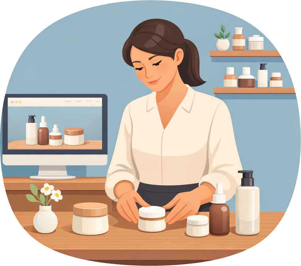 Business owner standing at a counter, arranging cosmetic products that also appear on the website in the background